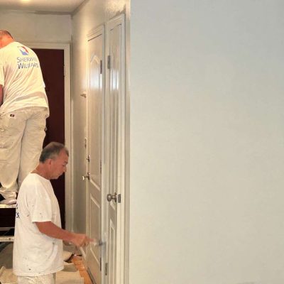 A close-up, high-resolution photograph showcasing a skilled hand expertly wielding a paint roller.